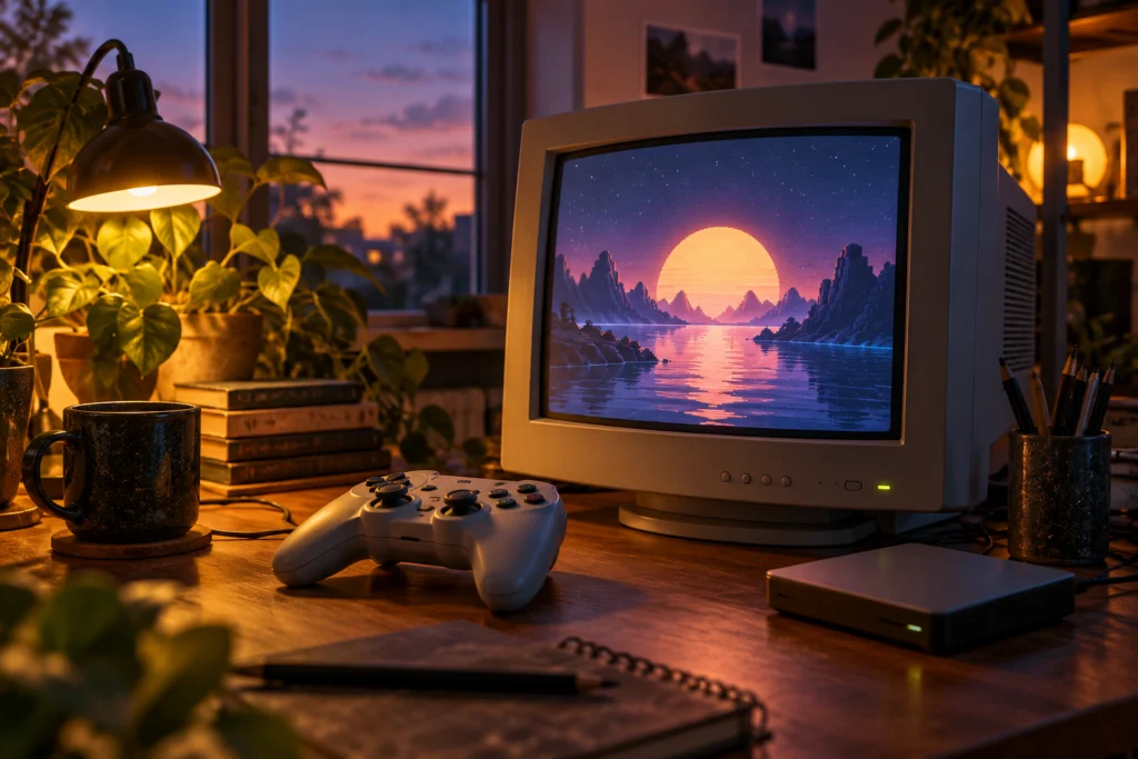 Возвращение к старой игре: нейтральный компьютер, контроллер и аккуратная папка резервных данных.